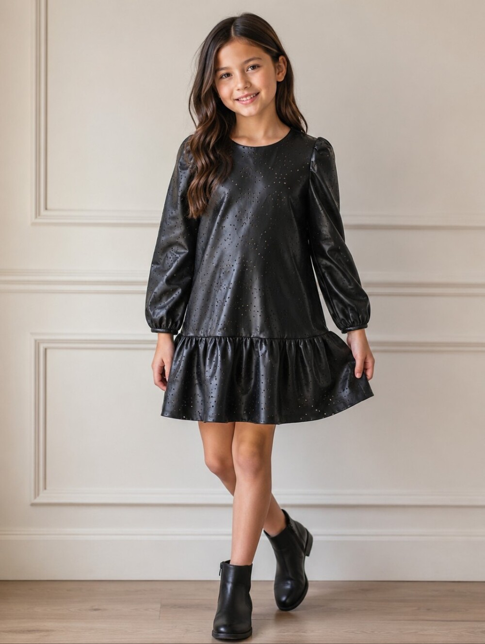 Mango Kids Black Faux Leather Eyelet-Tiered Dress
